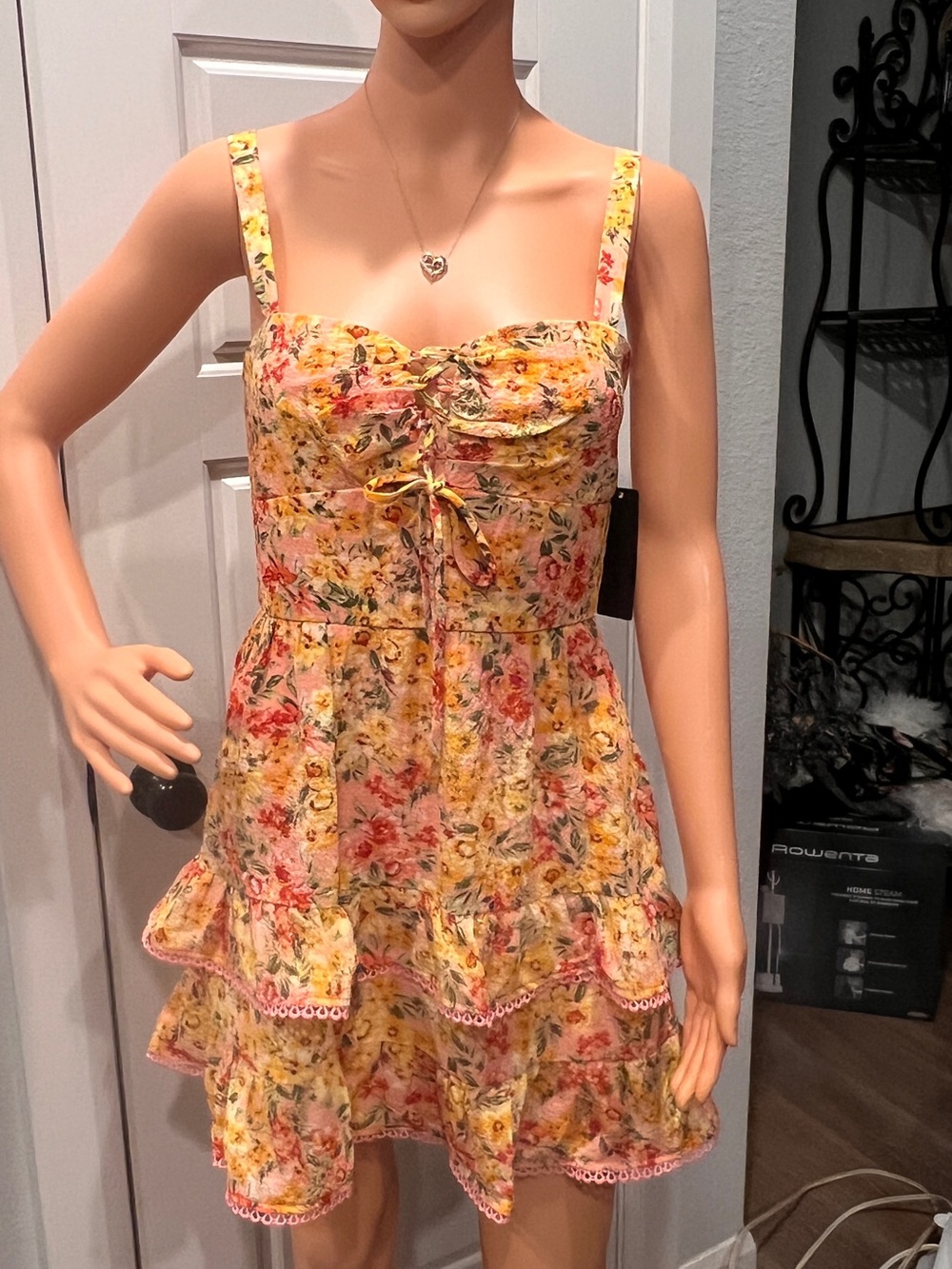 City Triangle Yellow Floral Tiered Sundress with Tie Front